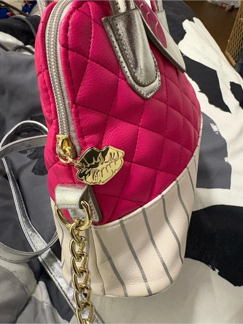 Betsey Johnson Hot Pink Quilted Satchel Cupcake Charm Silver Handless NWOT